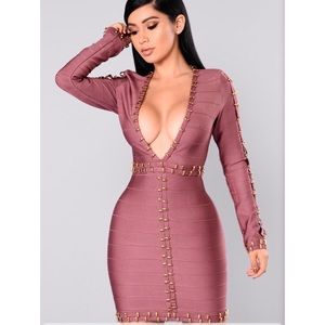 Mauve bandage dress with gold detailing